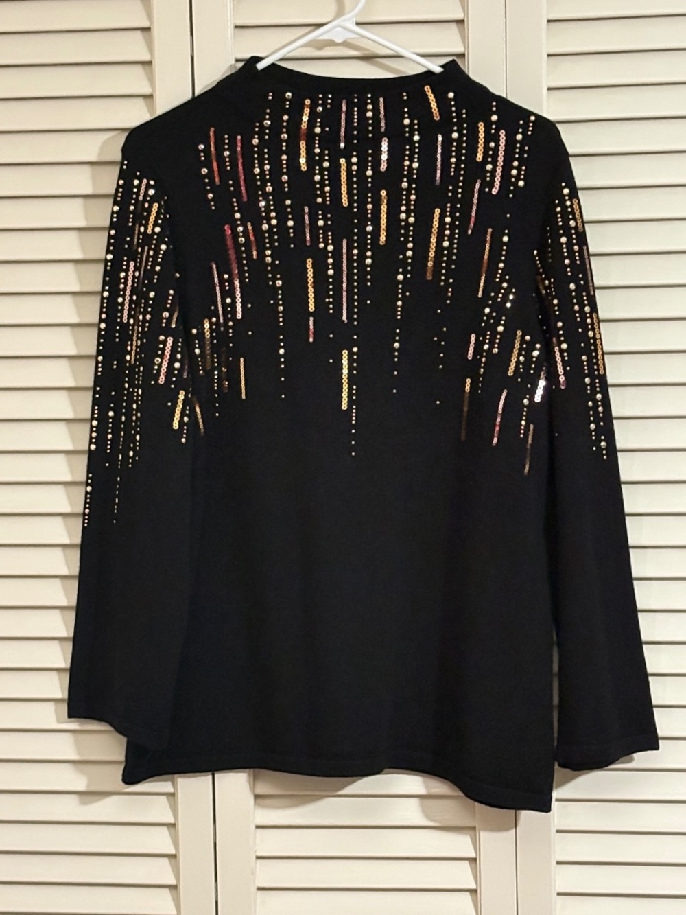Chicos Embellished Mock Neck Sweater, black, size 2, gold and silver sequins